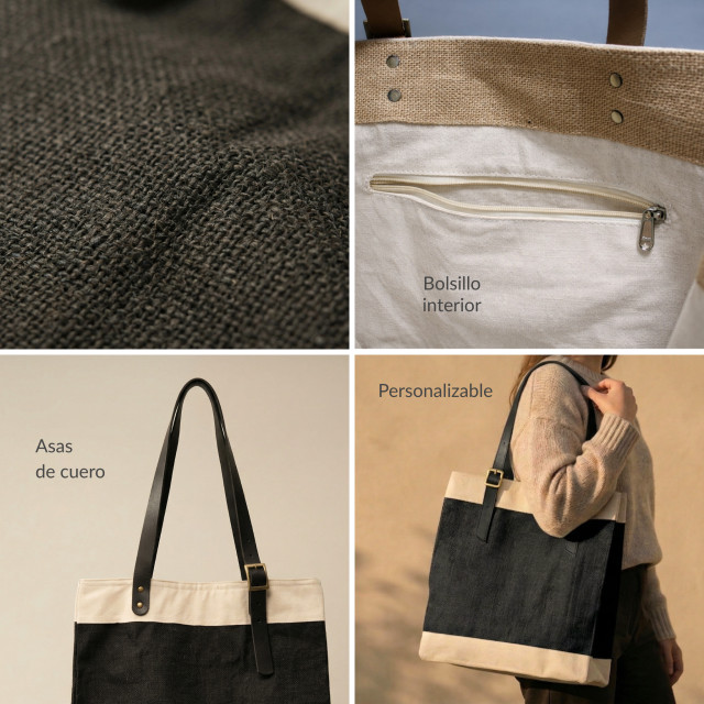 Bolsa premium de yute negro y algodón con asas de cuero | 42x40x20 cm Alternativa
