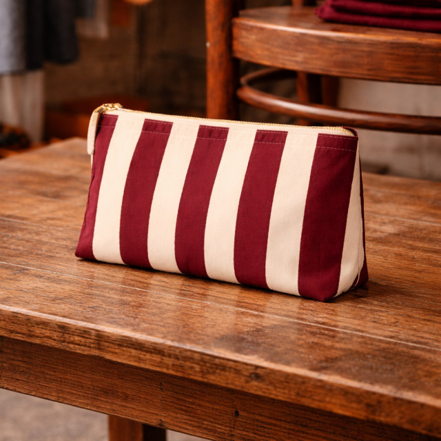 Neceser de Tela Rayas Burdeos | 22x16x6 cm | Cremallera Alternativa