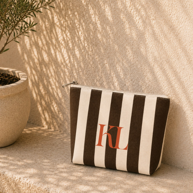 Neceser de Tela Rayas Marrón | 22x16x6 cm | Cremallera Alternativa