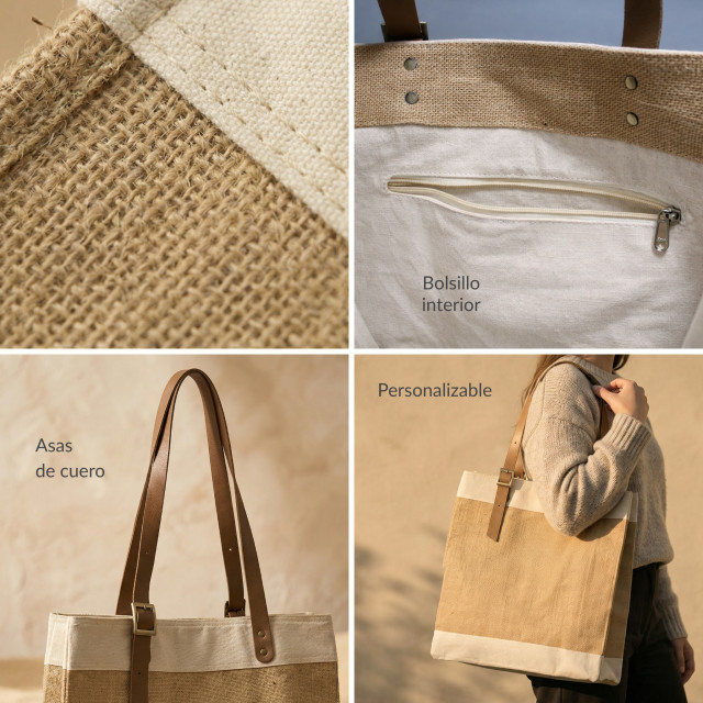 Bolsa premium de yute y algodón con asas de cuero | 42x40x20 cm Alternativa