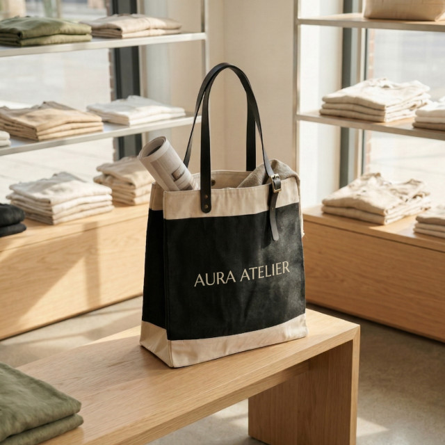 Bolsa premium de yute negro y algodón con asas de cuero | 42x40x20 cm Alternativa