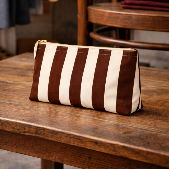 Neceser de Tela Rayas Marrón | 22x16x6 cm | Cremallera Alternativa