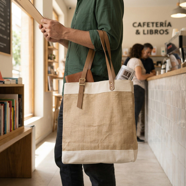 Bolsa premium de yute y algodón con asas de cuero | 42x40x20 cm Alternativa